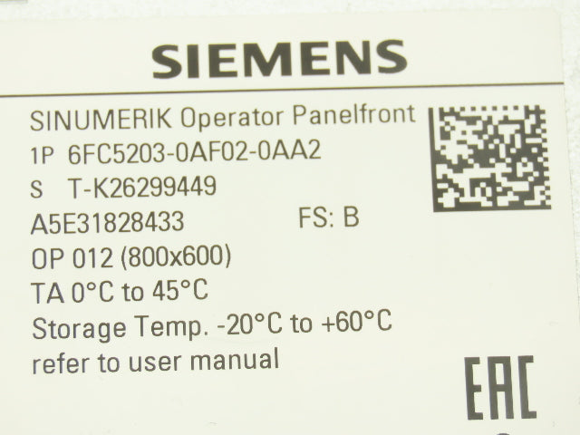Siemens 6FC5203-0AF02-0AA2 Sinumerik HMI Operator Control Front Panel Screen