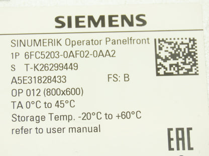 Siemens 6FC5203-0AF02-0AA2 Sinumerik HMI Operator Control Front Panel Screen
