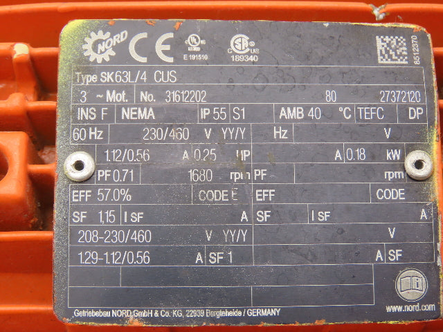 Nord SK63L/4 CUS Gearmotor 16:1 Ratio 1680/105rpm 230/460V 3PH