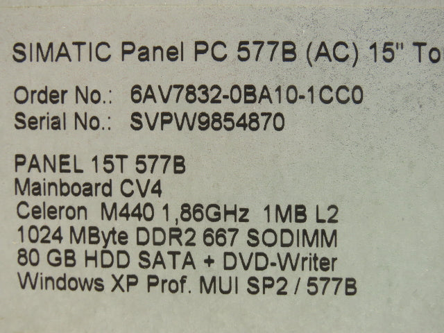 Siemens 6AV78320BA101CC0 Simatic Panel PC 577B 15T Mainboard CV4 Windows XP Pro