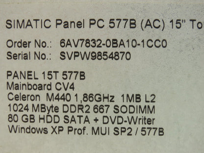 Siemens 6AV78320BA101CC0 Simatic Panel PC 577B 15T Mainboard CV4 Windows XP Pro