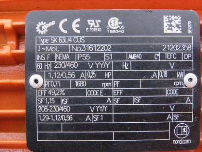 Nord SK63L/4 CUS Gearmotor 128.7 Ratio 13rpm 230/460V 3PH 3/4"Hollow Shaft