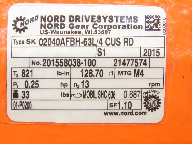 Nord SK63L/4 CUS Gearmotor 128.7 Ratio 13rpm 230/460V 3PH 3/4"Hollow Shaft