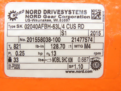 Nord SK63L/4 CUS Gearmotor 128.7 Ratio 13rpm 230/460V 3PH 3/4"Hollow Shaft