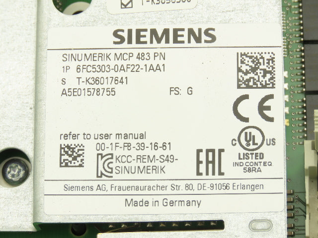 Siemens 6FC5303-0AF22-1AA1 Sinumerik MCP 483 PN Machine Control Panel Keypad