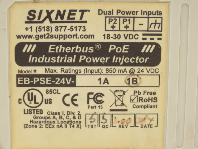 Sixnet EB-PSE-24V-1A 1B Industrial Ethernet PoE Power Injector 24VDC