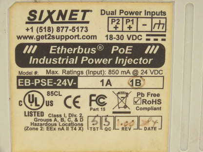 Sixnet EB-PSE-24V-1A 1B Industrial Ethernet PoE Power Injector 24VDC
