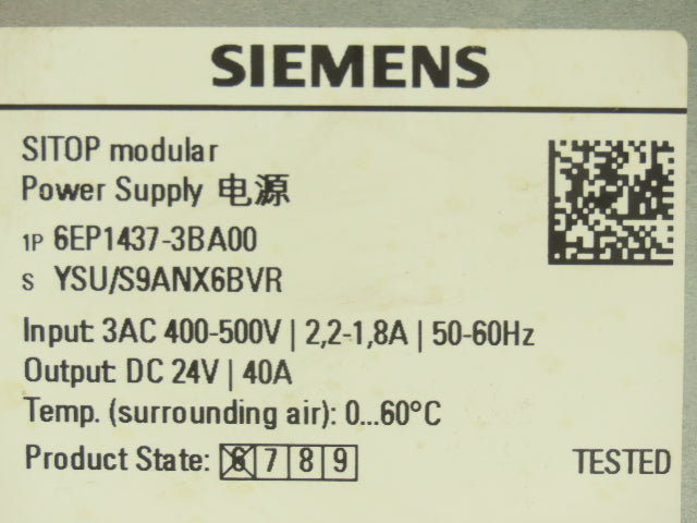 Siemens 6EP1437-3BA00 SITOP Modular Power Supply 24VDC 40A Out 480V 3Ph In