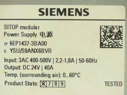 Siemens 6EP1437-3BA00 SITOP Modular Power Supply 24VDC 40A Out 480V 3Ph In
