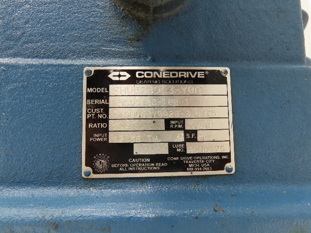 Cone Drive SHV60B913-Y0A Worm Gearbox 20:1 Reducer 12.5Hp 88 RPM Hollow Shaft