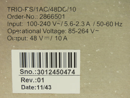 Phoenix Contact TRIO-PS/1AC/48DC/10 SITOP Modular Power Supply 48VDC 10A Out