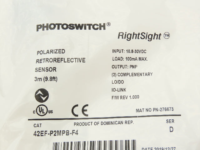 A-B 42EF-P2MPB-F4 RightSight Polarized Retroreflective Photoelectric Sensor