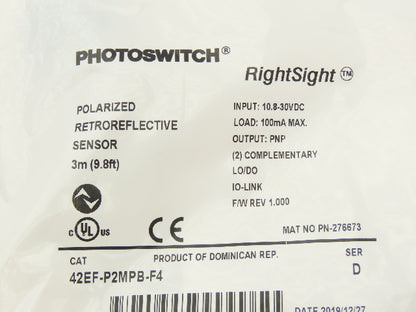 A-B 42EF-P2MPB-F4 RightSight Polarized Retroreflective Photoelectric Sensor