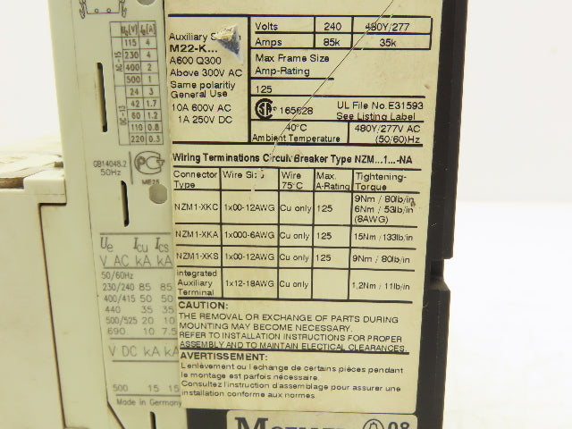 Eaton NZMN1-AF60-NA Circuit Breaker Disconnect 600V 125A NZM1 Frame
