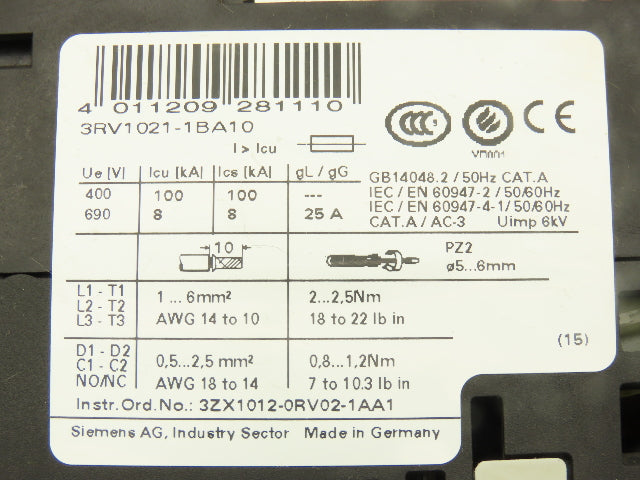 Siemens 3RV10211BA10 Motor Protection Switch Circuit Breaker 1.5Hp 600V Lot of 7