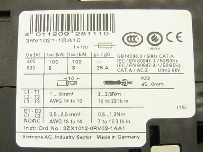 Siemens 3RV10211BA10 Motor Protection Switch Circuit Breaker 1.5Hp 600V Lot of 7