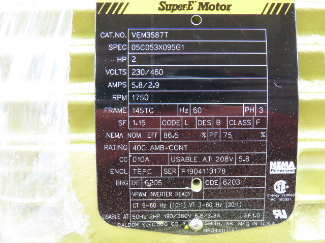 Baldor VEM3587T Super-E AC Motor 2Hp 1750 RPM 230/460V 3PH 145TC TEFC