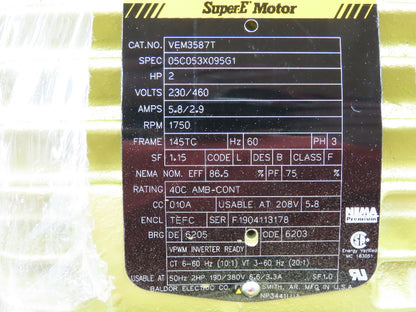Baldor VEM3587T Super-E AC Motor 2Hp 1750 RPM 230/460V 3PH 145TC TEFC