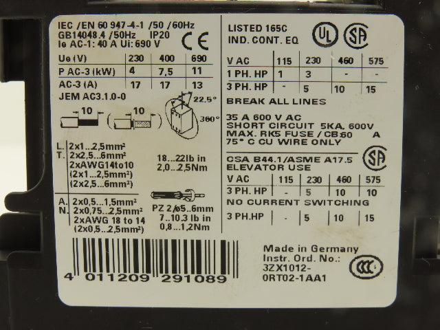 Siemens 3RT1025-1BB40 Motor Starter Contactor 24V Coil 15Hp 600V Lot of 3