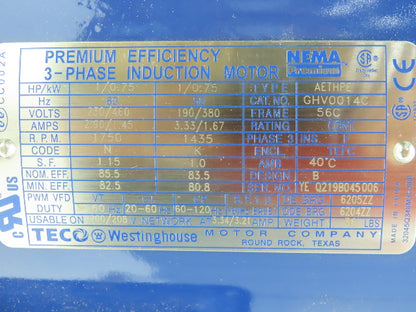 Teco Westinghouse GHV0014C AC Motor 1Hp 1750 RPM 230/460V 3PH 56C TEFC AETHPE