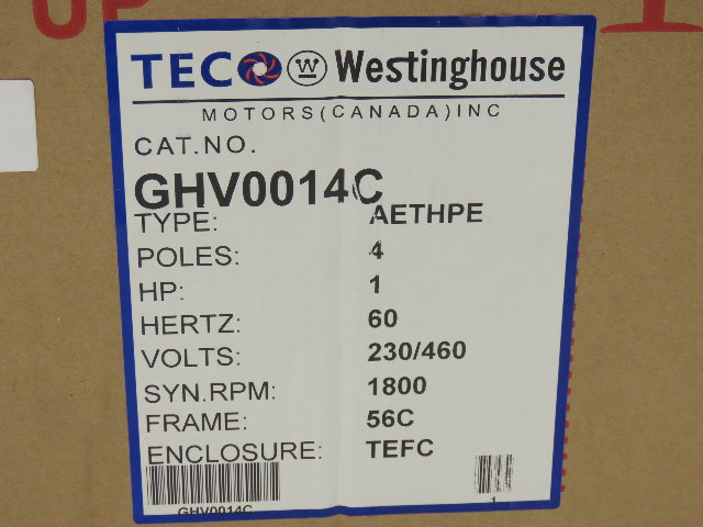 Teco Westinghouse GHV0014C AC Motor 1Hp 1750 RPM 230/460V 3PH 56C TEFC AETHPE