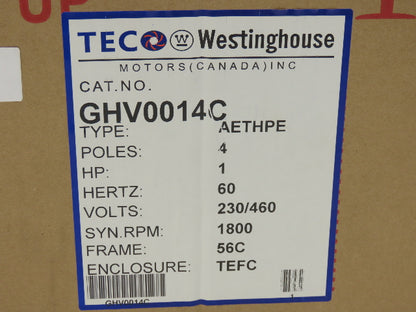 Teco Westinghouse GHV0014C AC Motor 1Hp 1750 RPM 230/460V 3PH 56C TEFC AETHPE