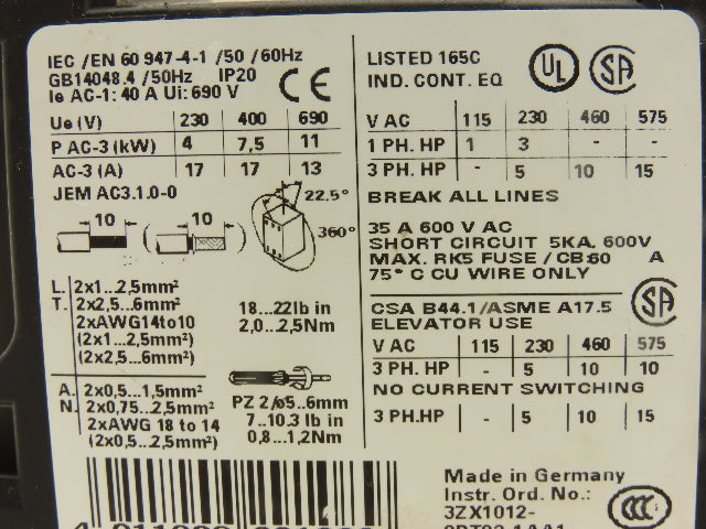 Siemens 3RT1025-1BB40 Motor Starter Contactor 24V Coil 15Hp 600V Lot of 4