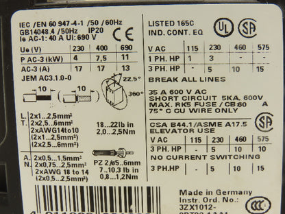 Siemens 3RT1025-1BB40 Motor Starter Contactor 24V Coil 15Hp 600V Lot of 4