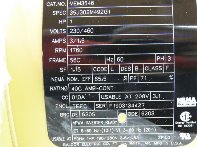 Baldor VEM3546 Super-E AC Motor 1Hp 1760 RPM 230/460V 3PH 56C TEFC