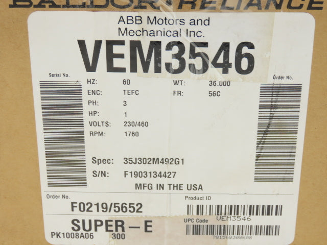 Baldor VEM3546 Super-E AC Motor 1Hp 1760 RPM 230/460V 3PH 56C TEFC