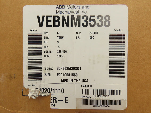 Baldor VEBNM3538 Super-E Brake Motor 1/2Hp 1765 RPM 230/460V 3PH 56C Stearns