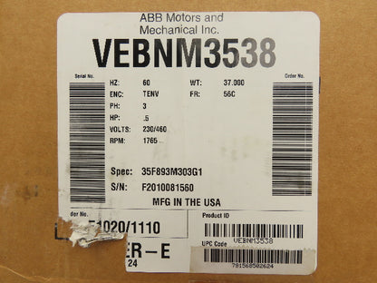 Baldor VEBNM3538 Super-E Brake Motor 1/2Hp 1765 RPM 230/460V 3PH 56C Stearns