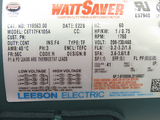 Leeson C6T17FK105A 119563.00 Wattsaver Brake Motor 1Hp 1760 RPM 230/460V 3PH 56C
