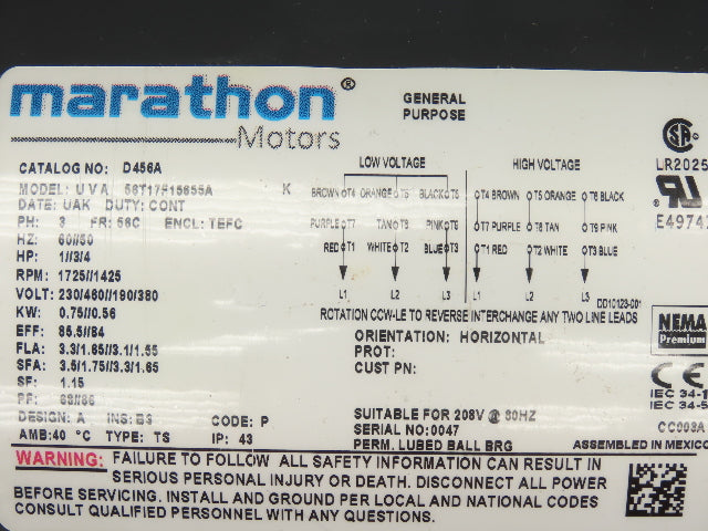 Marathon 56T17F15655A D456A Brake Motor 1Hp 1725 RPM 230/460V 3PH 56C TEFC