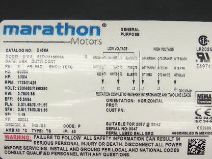 Marathon 56T17F15655A D456A Brake Motor 1Hp 1725 RPM 230/460V 3PH 56C TEFC