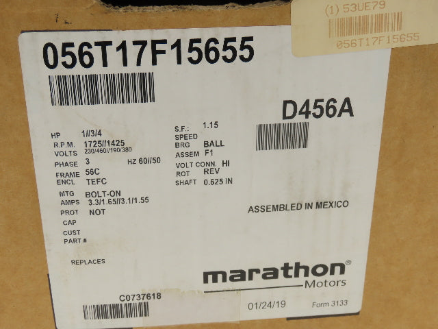 Marathon 56T17F15655A D456A Brake Motor 1Hp 1725 RPM 230/460V 3PH 56C TEFC