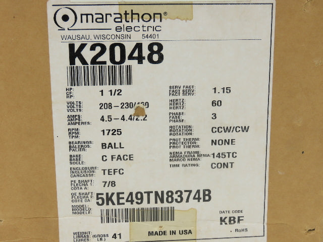 Marathon 5KE49TN8374B AC Motor 1.5Hp 1725 RPM 230/460V 3PH 145TC TEFC
