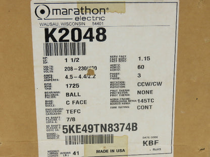 Marathon 5KE49TN8374B AC Motor 1.5Hp 1725 RPM 230/460V 3PH 145TC TEFC