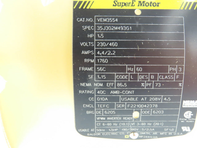 Baldor VEM3554 Super-E AC Motor 1.5Hp 1760 RPM 230/460V 3PH 56C TEFC