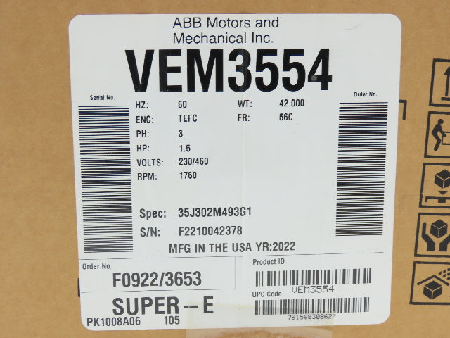 Baldor VEM3554 Super-E AC Motor 1.5Hp 1760 RPM 230/460V 3PH 56C TEFC