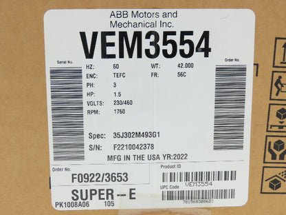 Baldor VEM3554 Super-E AC Motor 1.5Hp 1760 RPM 230/460V 3PH 56C TEFC