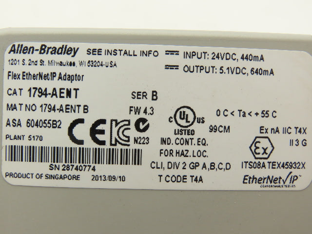 Allen Bradley 1794-AENT Ethernet Adapter Series B Flex I/O EtherNet/IP 10/100