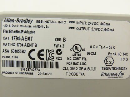 Allen Bradley 1794-AENT Ethernet Adapter Series B Flex I/O EtherNet/IP 10/100