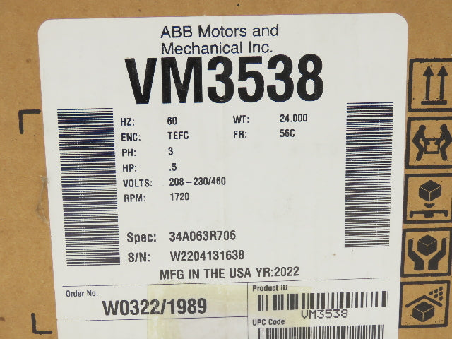 Baldor VM3538 AC Motor .5Hp 1720 RPM 230/460V 3PH 56C TEFC