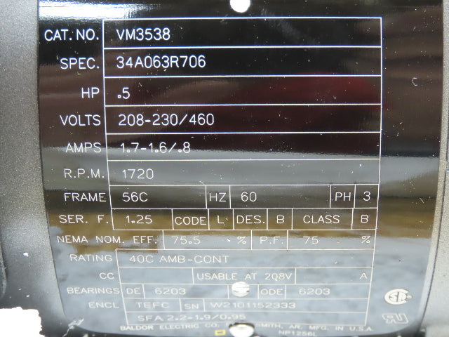 Baldor VM3538 AC Motor .5Hp 1720 RPM 230/460V 3PH 56C TEFC