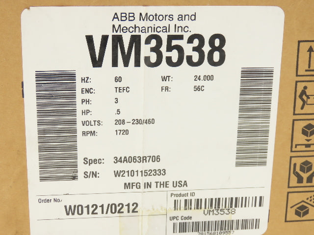 Baldor VM3538 AC Motor .5Hp 1720 RPM 230/460V 3PH 56C TEFC