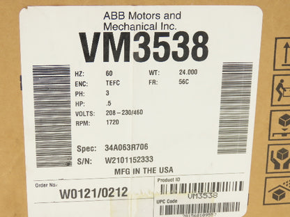 Baldor VM3538 AC Motor .5Hp 1720 RPM 230/460V 3PH 56C TEFC