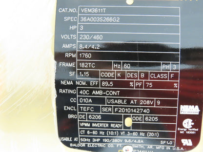 Baldor VEM3611T Super-E AC Motor 3Hp 1760 RPM 230/460V 3PH 182TC TEFC
