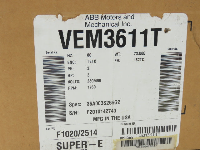 Baldor VEM3611T Super-E AC Motor 3Hp 1760 RPM 230/460V 3PH 182TC TEFC