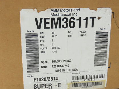 Baldor VEM3611T Super-E AC Motor 3Hp 1760 RPM 230/460V 3PH 182TC TEFC